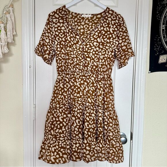 Kirundo Women’s Leopard Ruffle Hem Mini Dress Short Sleeve High Waist Dress - Picture 6 of 6